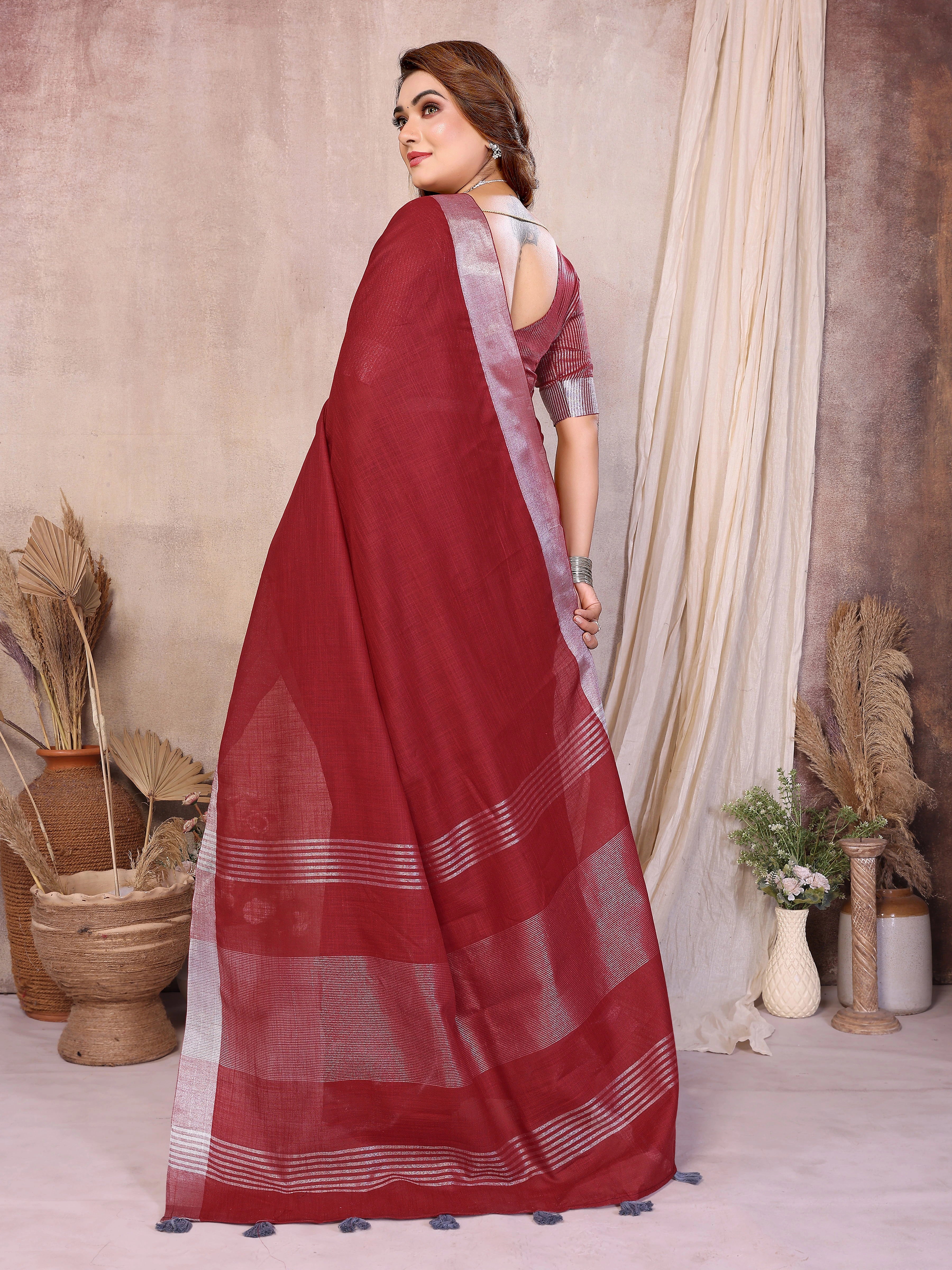 Maroon Zari Border Soft Linen Cotton Saree - kalyanja